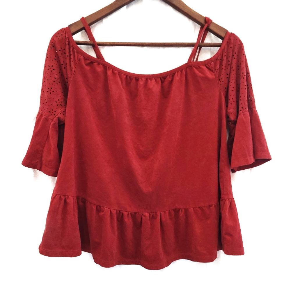 Cold shoulder ruffle red Orange blouse small-E - Picture 1 of 4